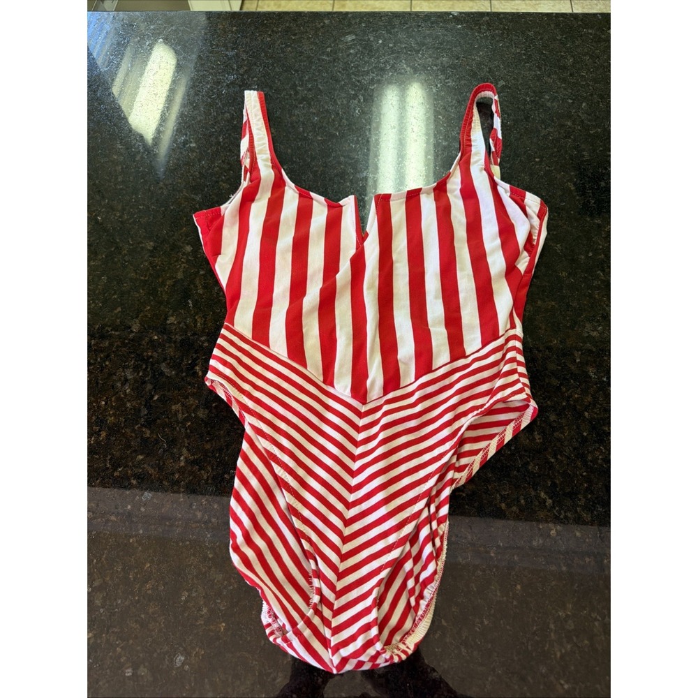 Vintage 70s Petticord Women's Swimsuit Sz 14 Red White Stripe One Piece Bathing